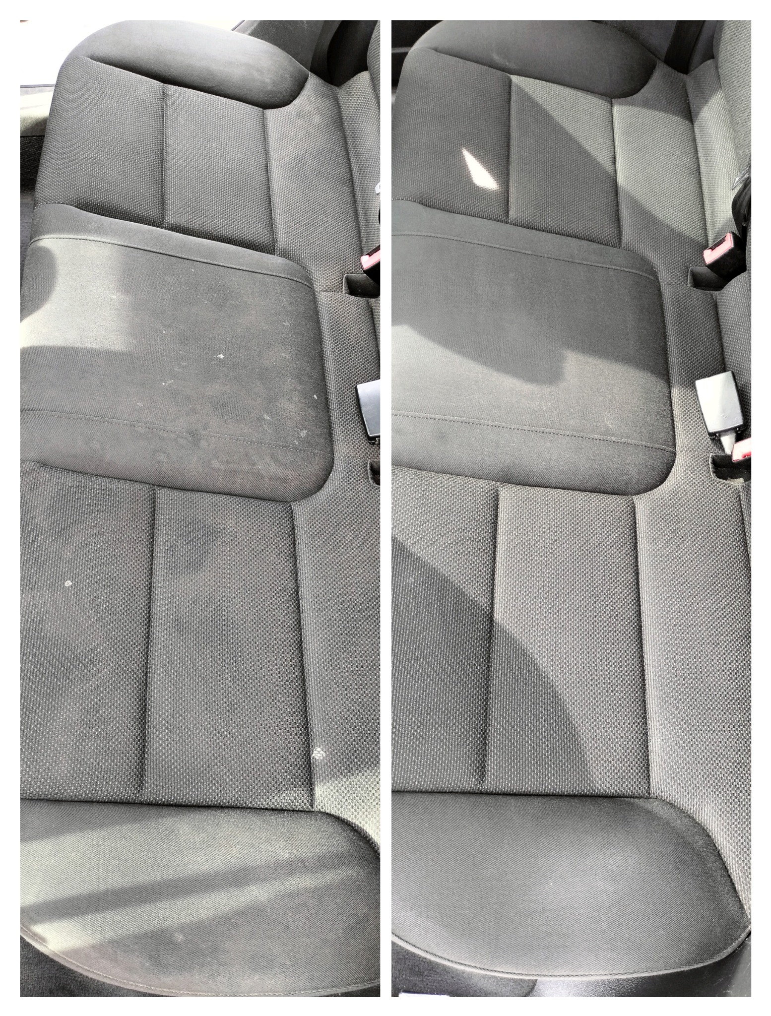 Tapicerka samochodowa: porównanie stanu przed i po czyszczeniu. Widoczne plamy i zabrudzenia usunięte z szarej tkaniny.