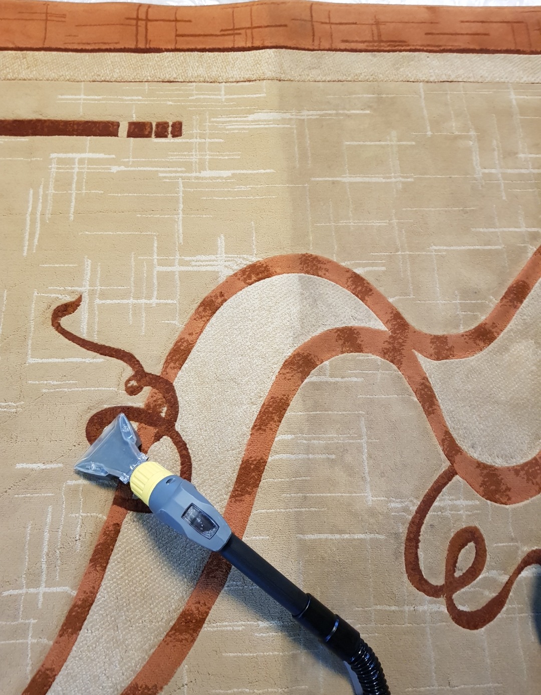 Fragment beżowego dywanu z brązowymi wzorami, częściowo wyczyszczony, widoczna końcówka odkurzacza piorącego z szarą obudową i czarną rurą.