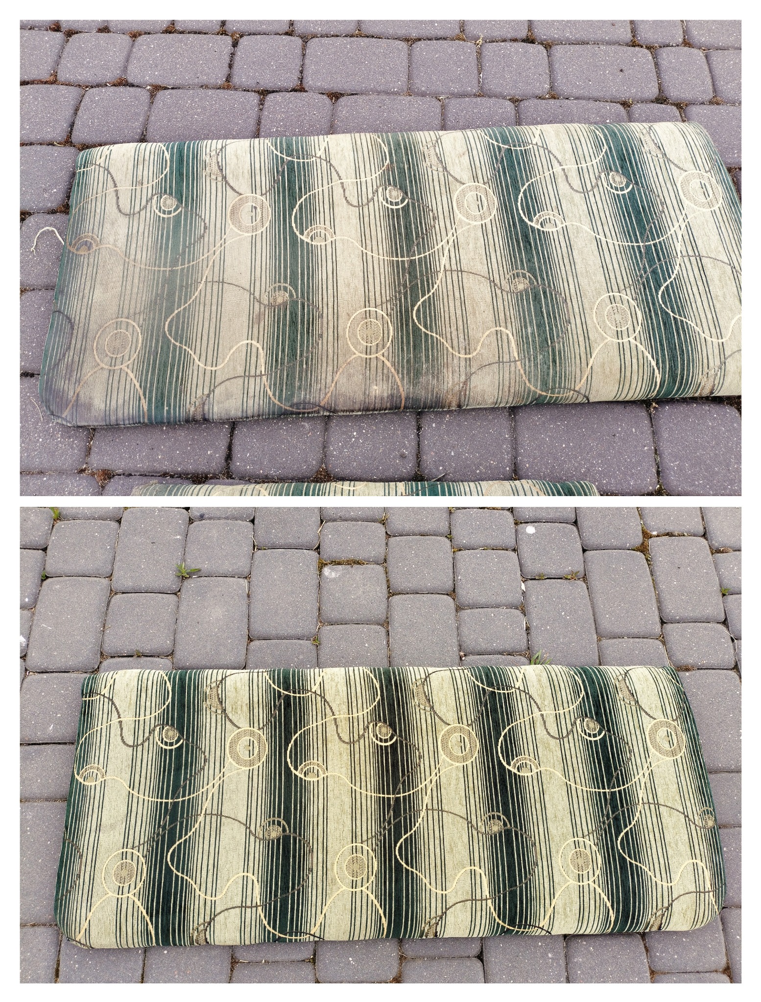 Dwa ujęcia fragmentu tapicerki w zielono-beżowe pasy z okrągłymi wzorami, leżącej na szarej kostce brukowej. Widoczna różnica w odcieniu i czystości między górnym, a dolnym fragmentem.