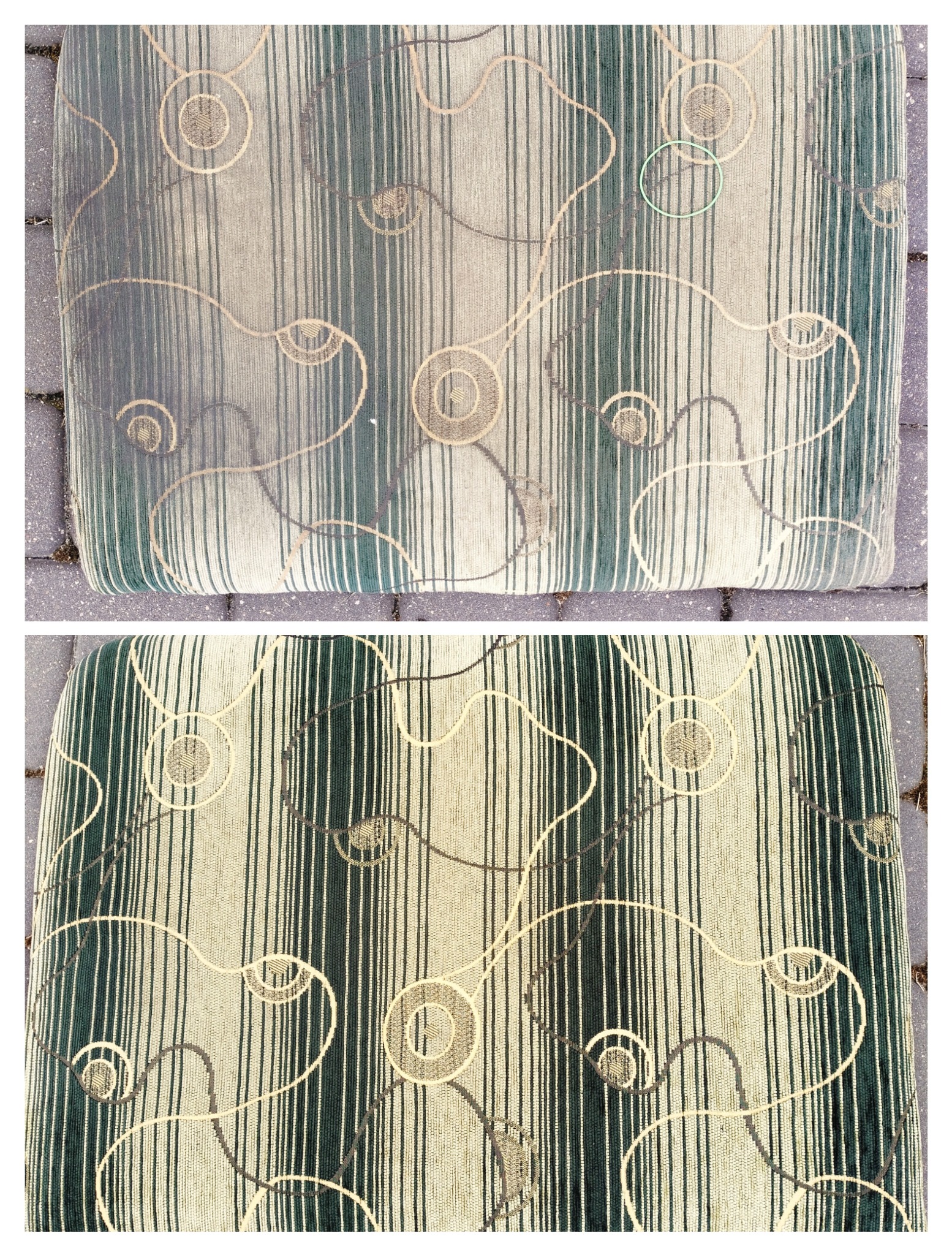 Porównanie wyglądu tapicerowanego siedziska przed i po czyszczeniu, widoczne różnice w odcieniach i wzorze.