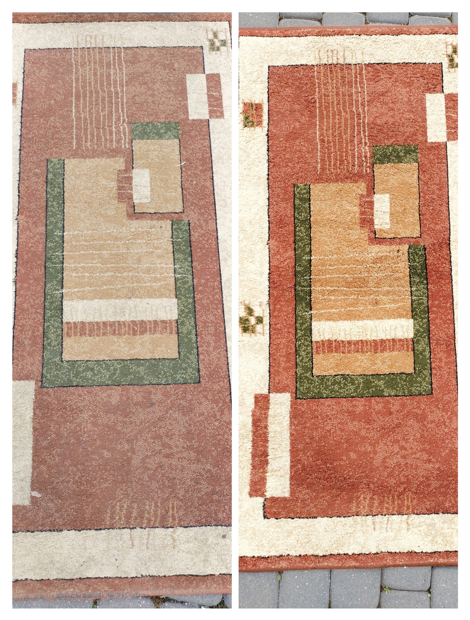 Dwa ujęcia tego samego dywanu z geometrycznym wzorem, lewe zdjęcie przedstawia dywan przed czyszczeniem, prawe po czyszczeniu, widoczne różnice w kolorze i usunięcie zabrudzeń.