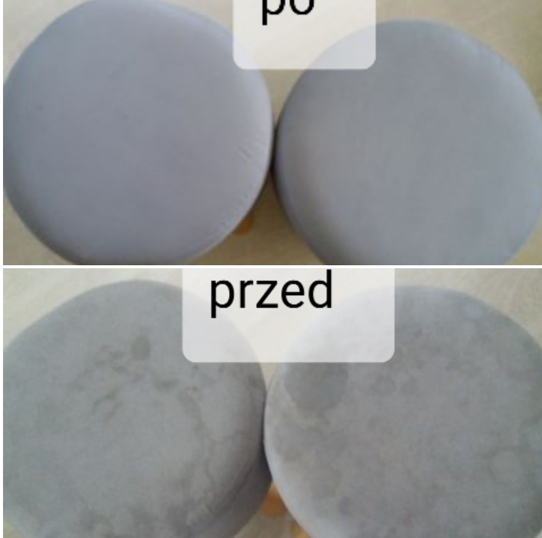 Dwa okrągłe pufy tapicerowane, ujęcie typu 'przed i po' czyszczeniu. Górne pufy wyglądają na czyste i jednolite, dolne wykazują plamy i zabrudzenia.