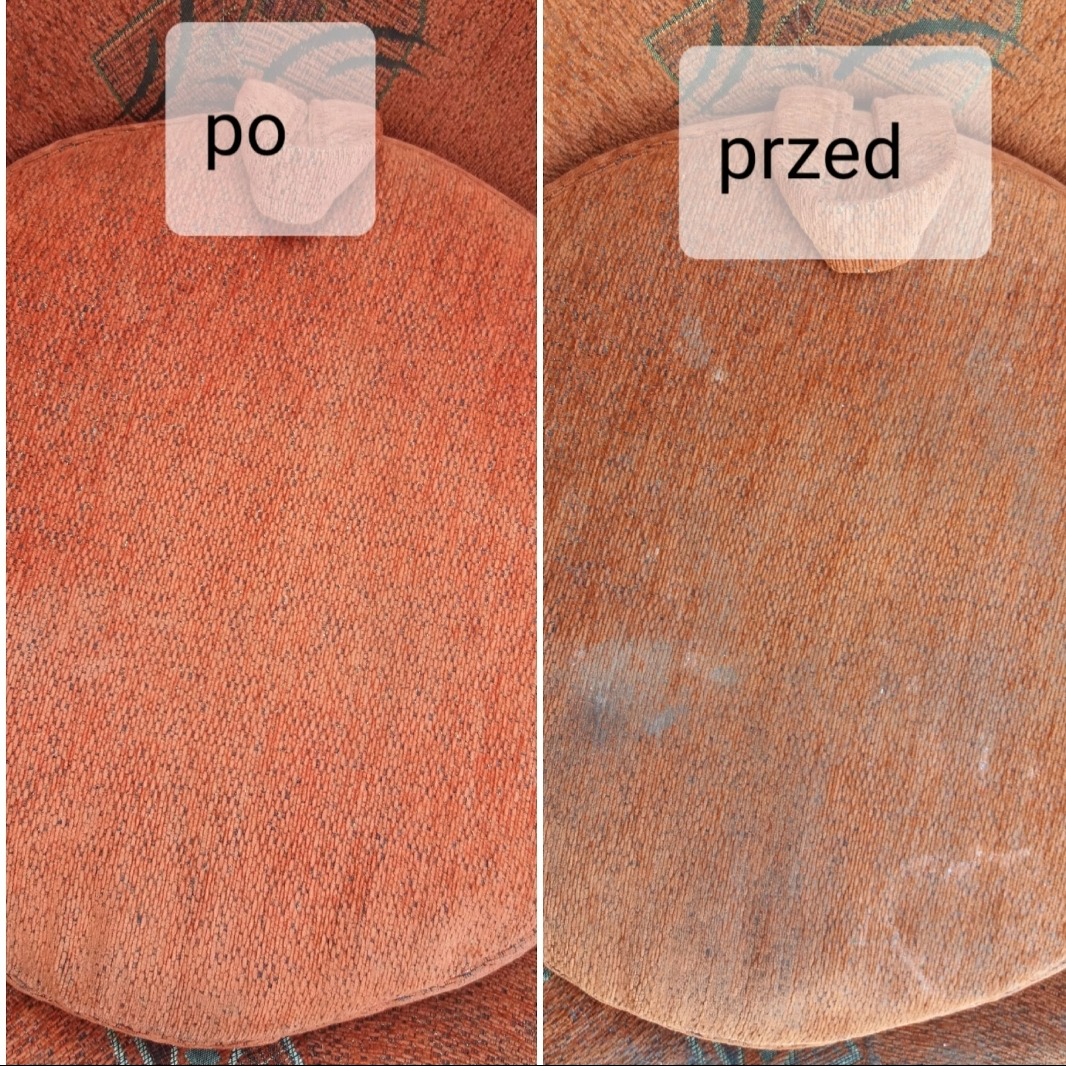 Porównanie: okrągłe, pomarańczowe siedzisko krzesła tapicerowanego, lewa strona 'po' czyszczeniu, prawa strona 'przed' czyszczeniem, widoczne różnice w kolorze i czystości tkaniny.