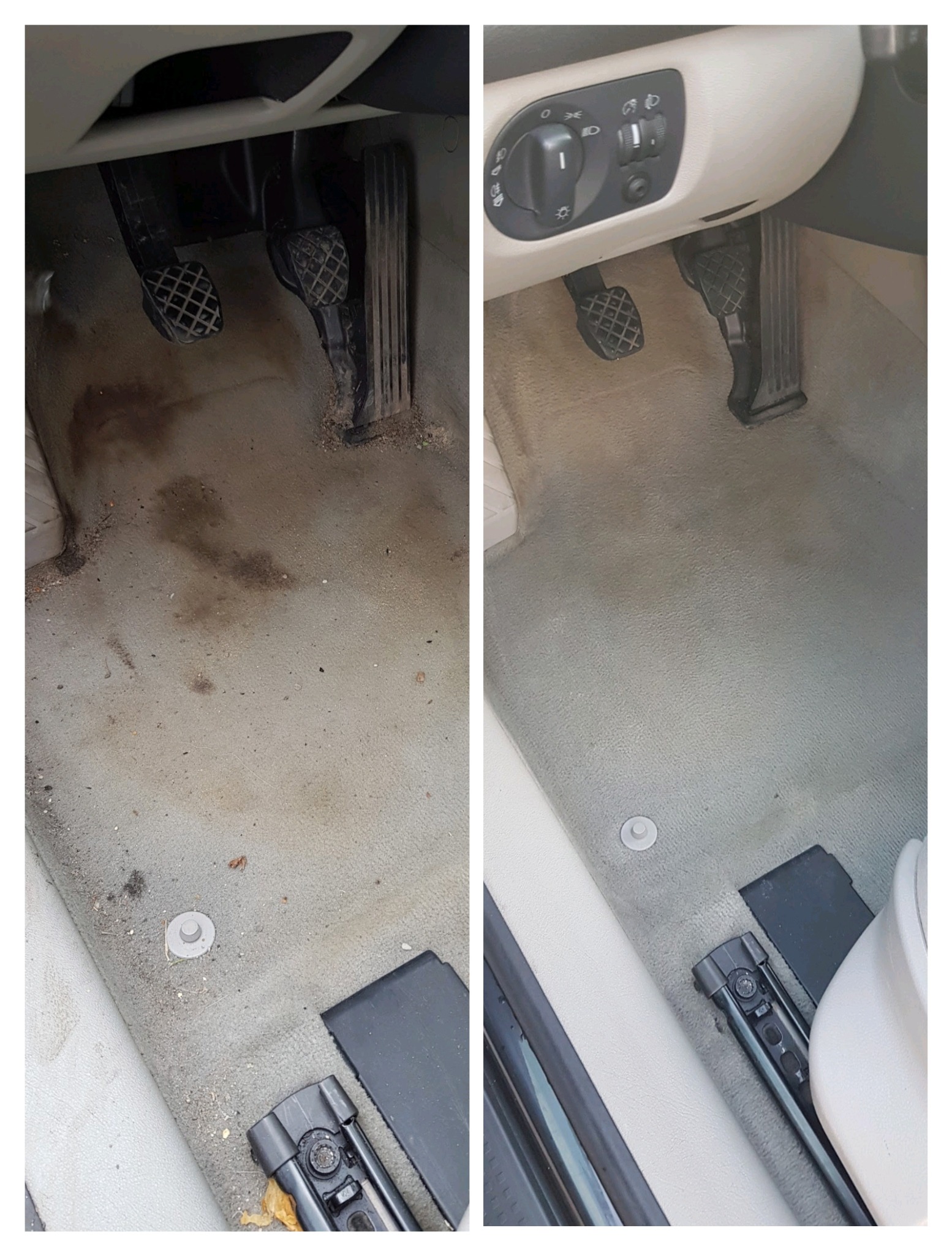 Porównanie dywanika samochodowego przed i po czyszczeniu, widoczne pedały, plamy i zabrudzenia usunięte.