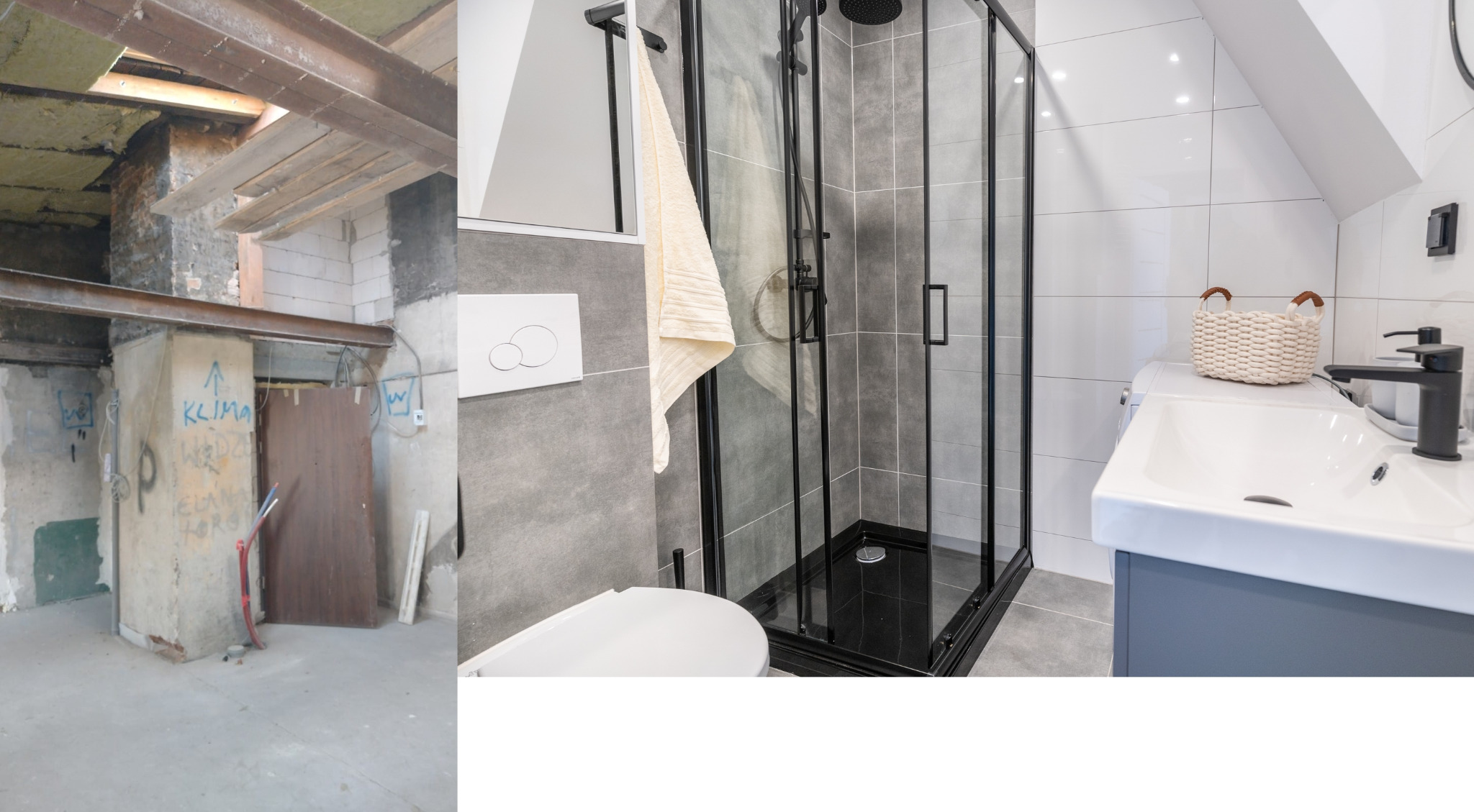 Remont łazienki w trakcie i po: po lewej surowy stan z odsłoniętymi belkami stropowymi i instalacjami, po prawej wykończona łazienka z kabiną prysznicową typu walk-in z czarnymi profilami, szarą...
