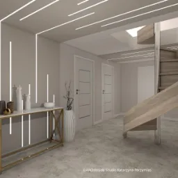 Nowoczesny przedpokój z oświetleniem LED w suficie i na ścianach, konsola z dekoracjami i drewniane schody spiralne.