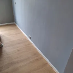 Pomalowane na szaro ściany, drewniana podłoga i białe listwy przypodłogowe w pustym pokoju z gniazdkiem elektrycznym. Nowoczesne wykończenie wnętrza.