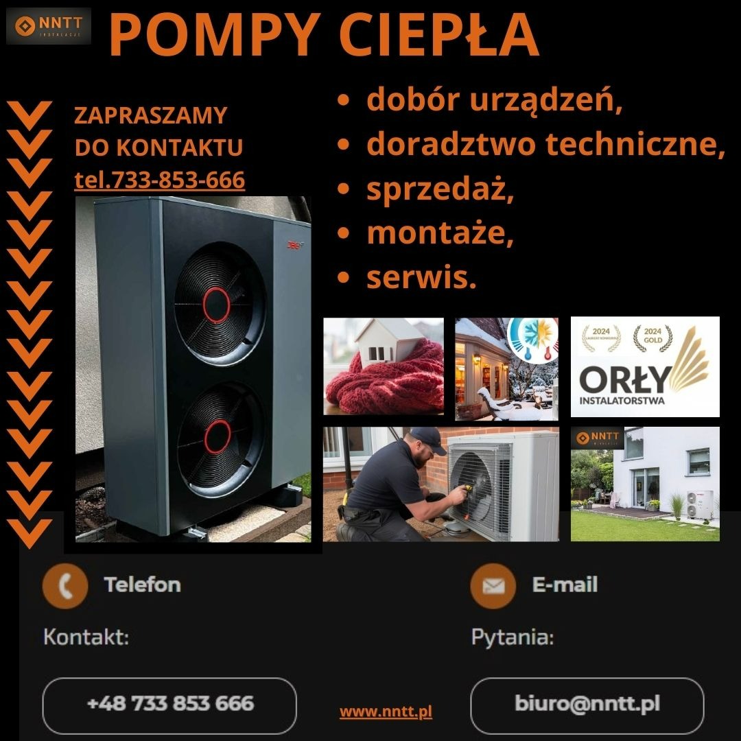 Grafika reklamowa prezentująca dwuczęściową pompę ciepła, usługi doboru, doradztwa technicznego, sprzedaży, montażu i serwisu, wraz ze zdjęciami instalacji i serwisu, logo firmy NNIT i odznaczeniem...