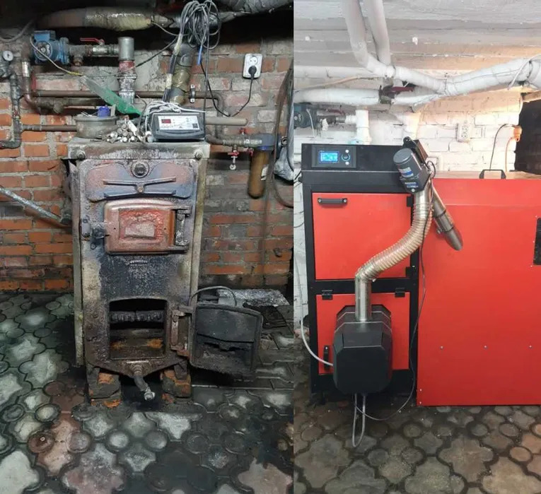 Porównanie starego, mocno wyeksploatowanego pieca na paliwo stałe z otwartymi drzwiczkami, stojącego na brudnej podłodze, z nowoczesnym, czerwonym kotłem z podajnikiem, w pomieszczeniu z instalacjami.