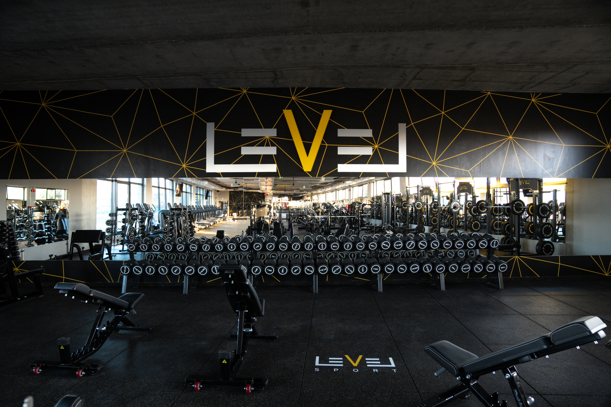 Wnętrze nowoczesnej siłowni Level Sport z rzędami hantli, maszynami do ćwiczeń i logo na ścianie z geometrycznym wzorem.