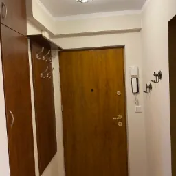 Przedpokój z brązowymi meblami, drewnianymi drzwiami wejściowymi i wieszakami na ścianie, oświetlony lampą sufitową w stylu retro.