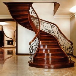 Studio Migafka - Kręte, drewniane schody z kutą balustradą w eleganckim wnętrzu z marmurową podłogą i widokiem na kominek.