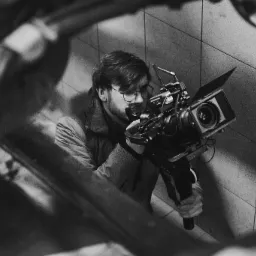 Kamerzysta z okularami obsługuje profesjonalną kamerę filmową z zamontowanym monitorem, uchwycony w czarno-białym ujęciu z perspektywy z góry.