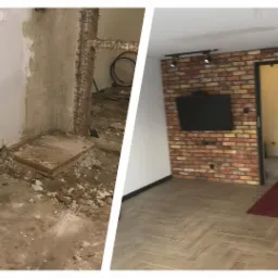 Zdjęcie przedstawia zestawienie stanu pomieszczenia przed i po pracach: po lewej surowy stan z odsłoniętą instalacją, gruzem i resztkami tynku, po prawej wykończone wnętrze z ceglaną ścianą...