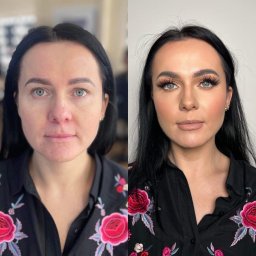 Oliwia Konopka - Portret kobiety przed i po aplikacji kosmetyków, widoczne wyraźne zmiany w makijażu oczu, brwi i ust, z delikatnym konturowaniem twarzy.