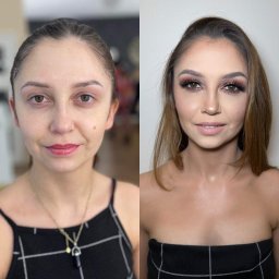 Oliwia Konopka - Portret kobiety przed i po aplikacji pełnego zestawu kosmetyków, widoczne wyraźne podkreślenie oczu i konturowanie twarzy.
