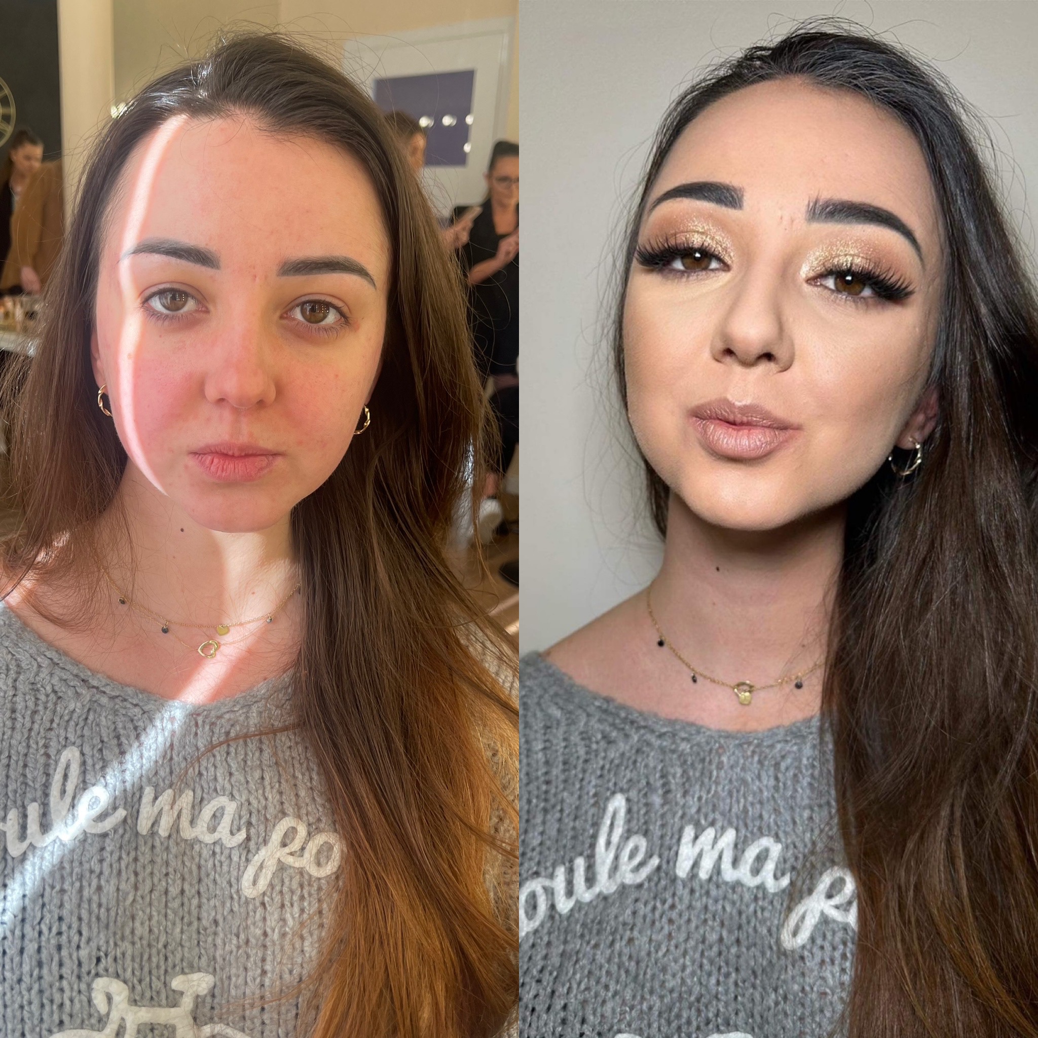 Zdjęcie typu 'przed i po' prezentujące metamorfozę kobiety: po lewej stronie twarz bez upiększeń, po prawej - pełny, złoty, wieczorowy make-up z wyraźnie podkreślonym okiem i ustami, widoczne...