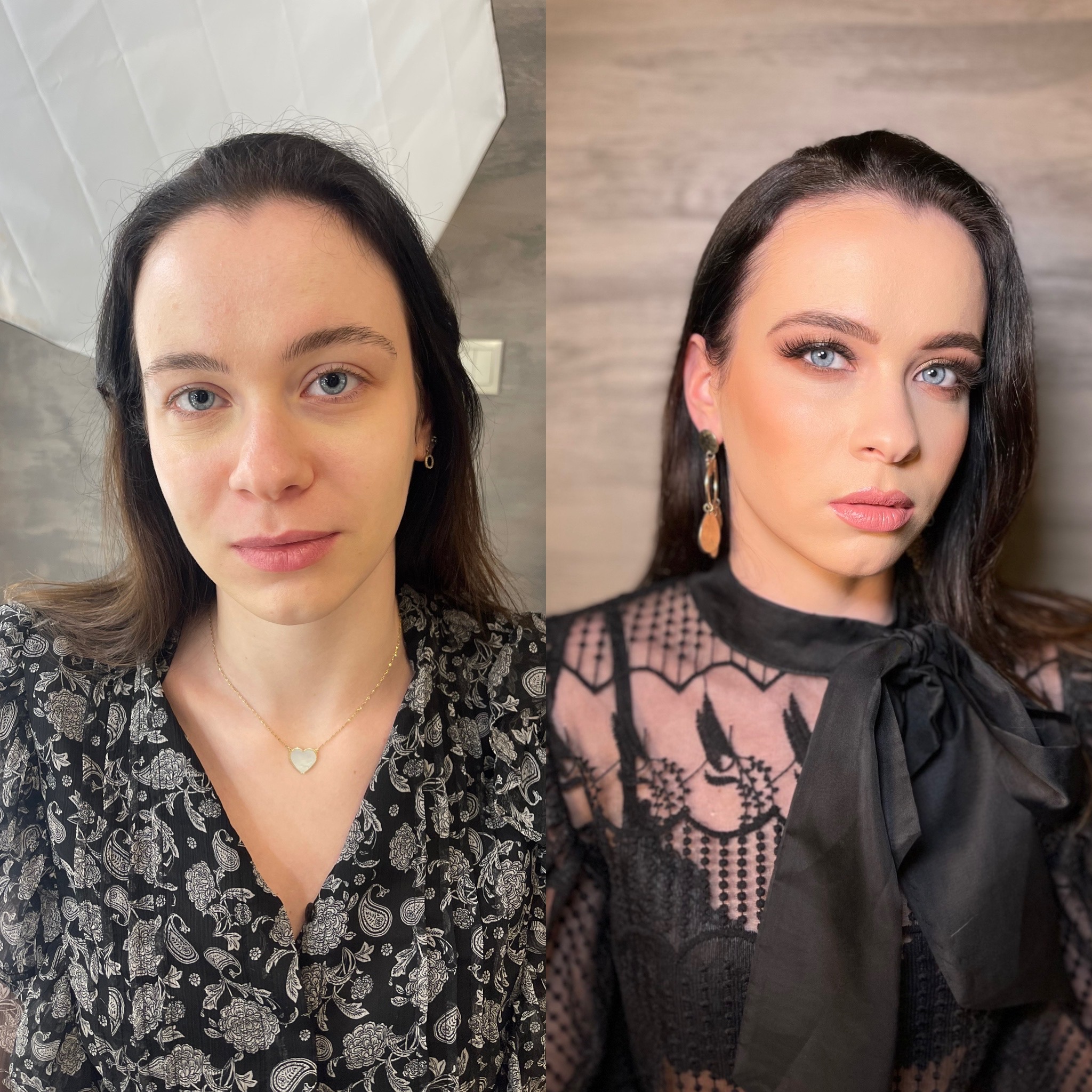 Portret kobiety przed i po upiększeniu, widoczne zmiany w makijażu oczu, brwi i ust, inny strój i biżuteria.