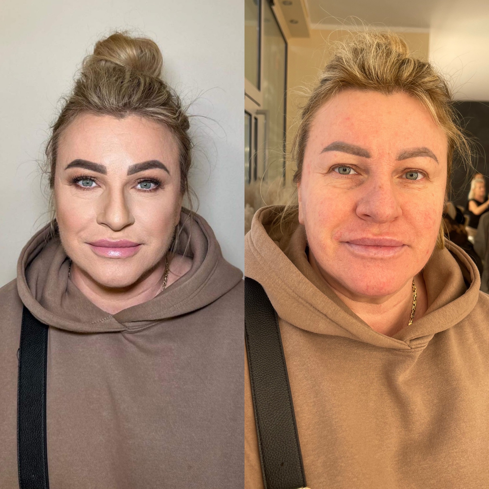 Portret kobiety przed i po aplikacji kosmetyków: po lewej stronie widoczny pełny, delikatny make-up z podkreślonymi oczami i ustami, po prawej stronie twarz bez makijażu, z widocznymi...