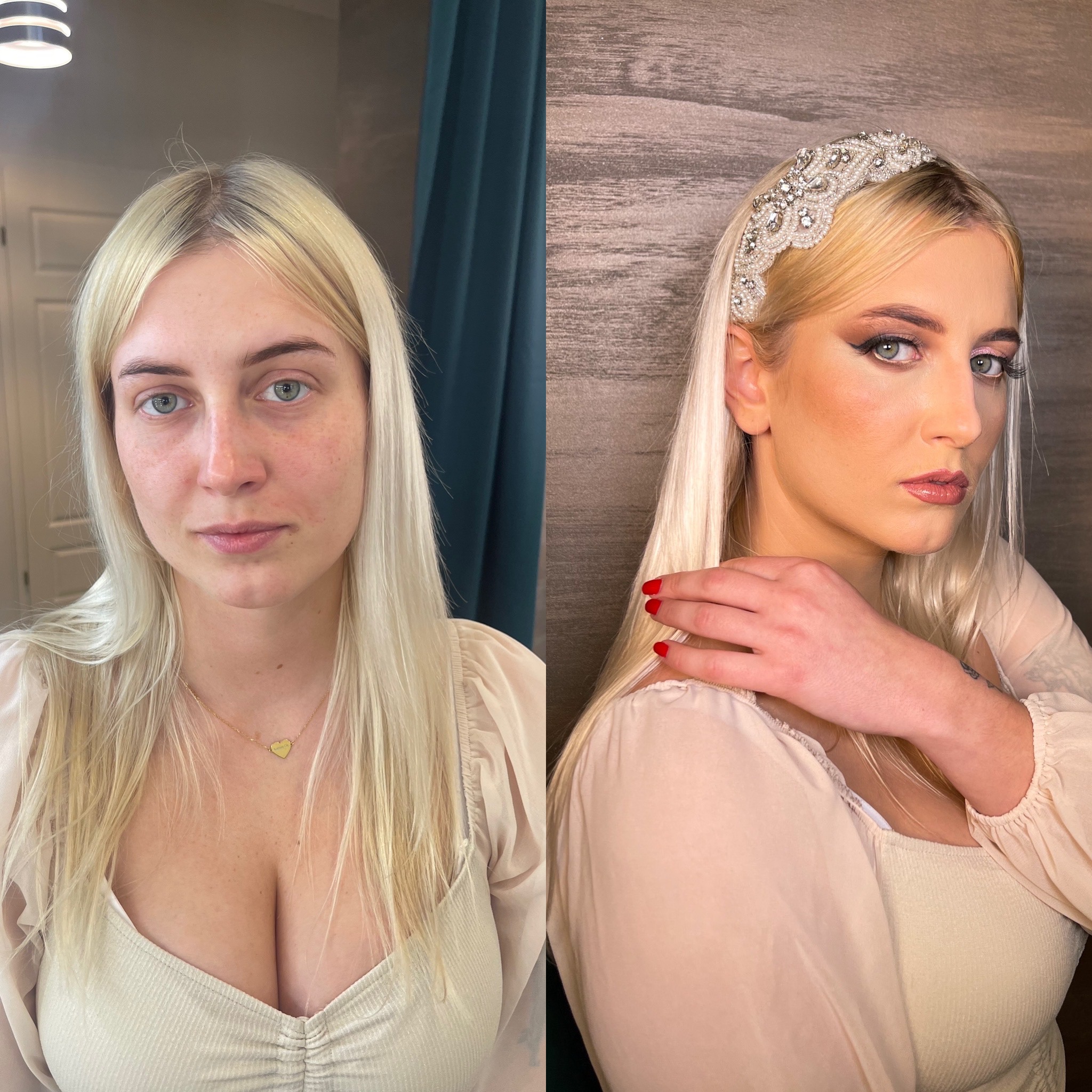 Zdjęcie typu 'przed i po' przedstawia blondynkę z delikatnym makijażem ślubnym, w tym podkreślone oczy eyelinerem, różowe cienie i błyszczące usta, oraz ozdobną opaskę na włosach z kryształkami...