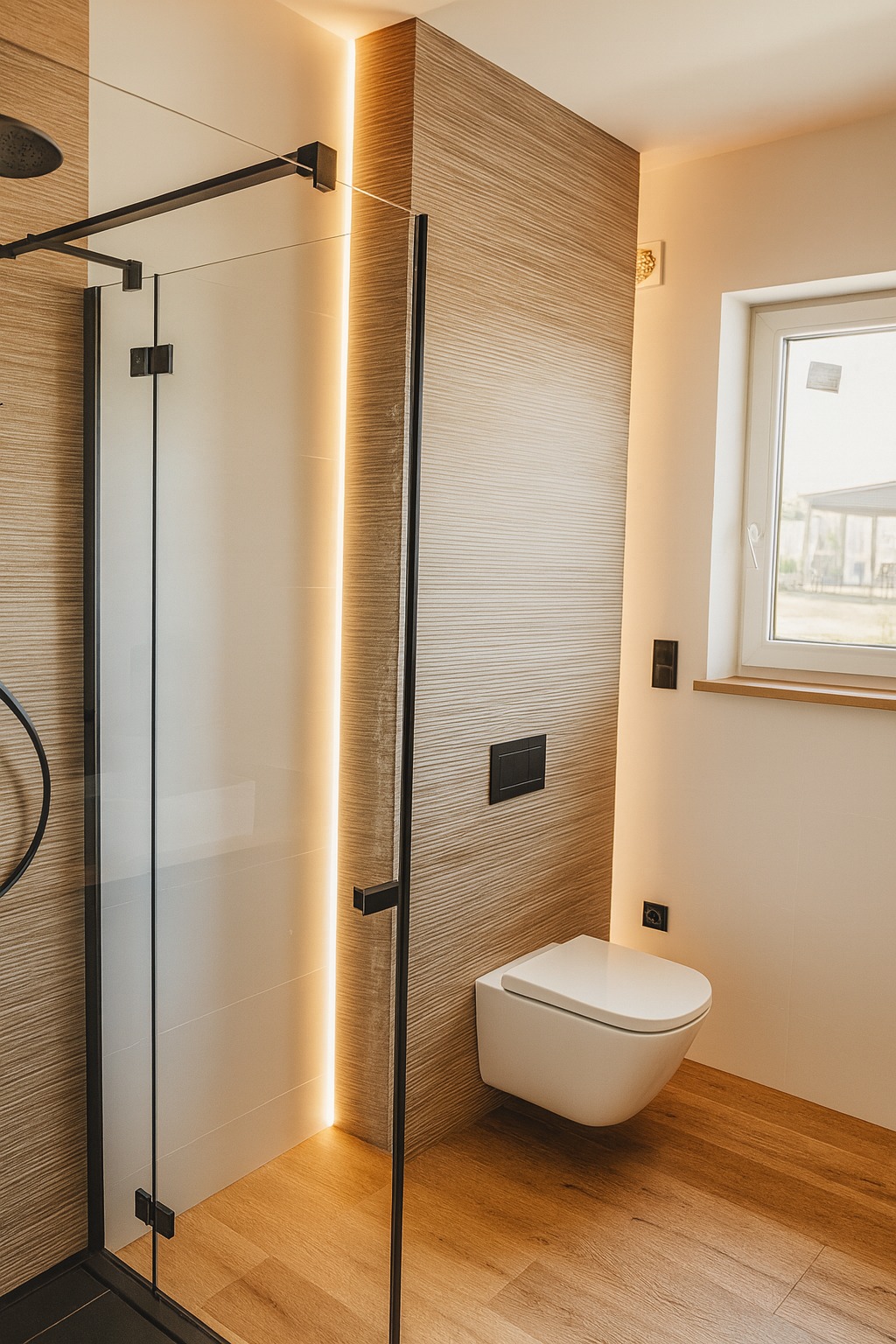 Nowoczesna łazienka z kabiną prysznicową typu walk-in, podwieszaną toaletą i drewnopodobną okładziną ścienną z subtelnym podświetleniem LED.