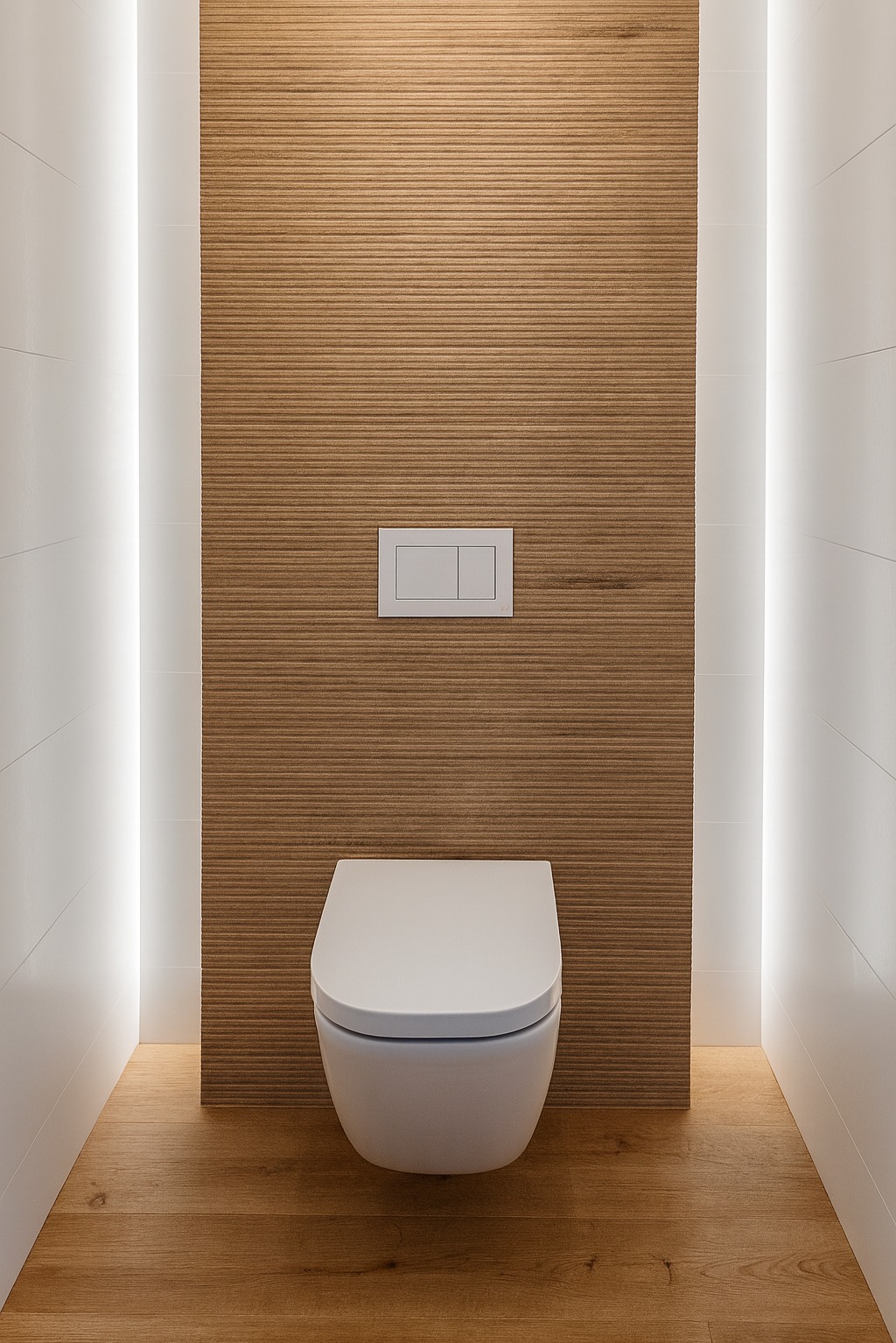 Nowoczesna toaleta podwieszana na tle paneli ściennych i oświetlenia LED w Waleńczowie. Minimalistyczny design, drewnopodobna podłoga, eleganckie wykończenie.