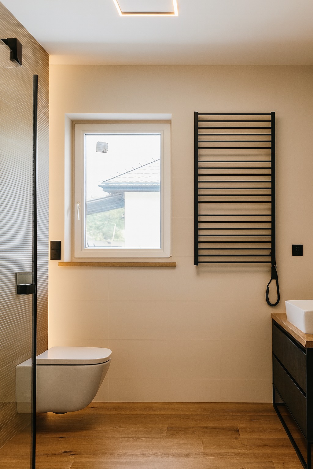 Jasna łazienka z drewnianą podłogą i czarnym grzejnikiem drabinkowym. Umywalka z drewnianym blatem, toaleta pod oknem. Minimalistyczny design.