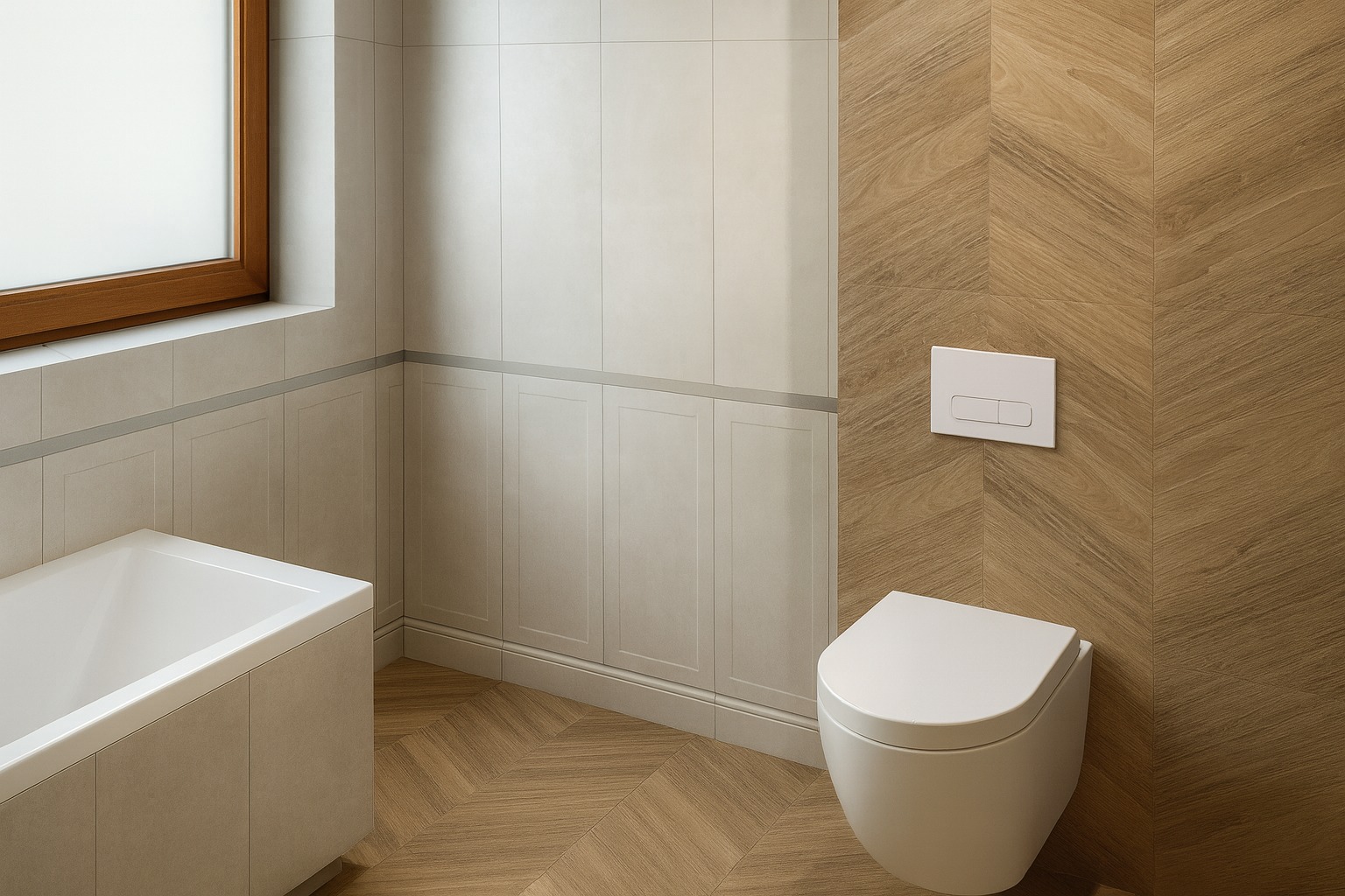 Nowoczesna łazienka z drewnopodobną podłogą w jodełkę, białymi płytkami ściennymi i wiszącą toaletą. Okno z drewnianą ramą.