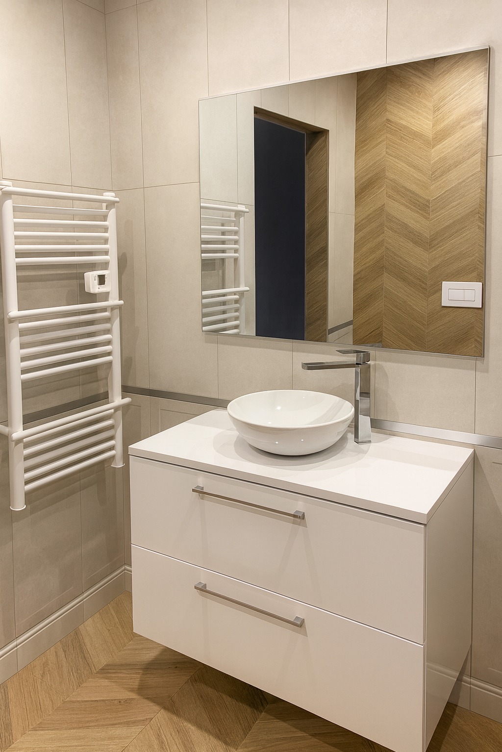 Nowoczesna łazienka: biała szafka z umywalką, lustro z podświetleniem LED i grzejnik drabinkowy. Płytki w odcieniach beżu, drewnopodobna ściana z wzorem jodełki.