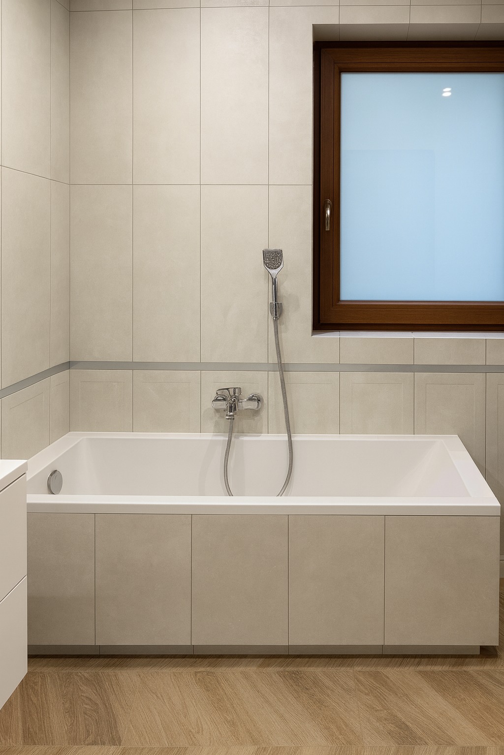 Wykończona łazienka z beżowymi płytkami, białą wanną obudowaną płytkami i brązowym oknem. Uwagę przyciąga drewnopodobna podłoga ułożona w jodełkę.