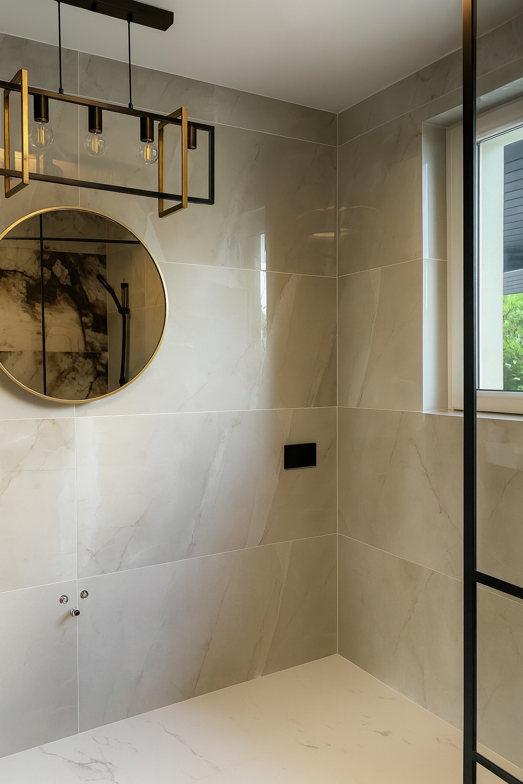 Elegancka łazienka z płytkami imitującymi marmur, okrągłe lustro w złotej ramie i nowoczesna lampa wisząca. Minimalistyczny design i jasna kolorystyka.