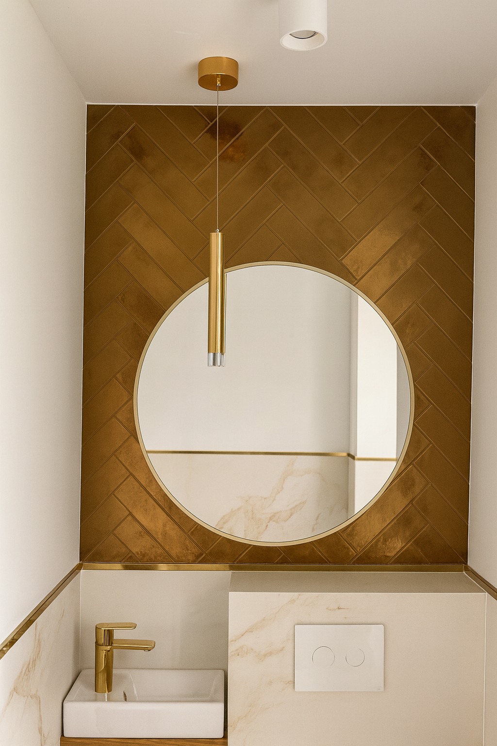 Nowoczesna łazienka z złotymi płytkami ułożonymi w jodełkę, okrągłe lustro, minimalistyczna umywalka i złota armatura. Eleganckie wykończenie.