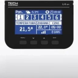 Sterownik pieca gazowego TECH Sterowniki L-X wifi z wyświetlaczem wskazującym temperaturę 21,5 stopni, temperaturę zadaną 22 stopnie i godzinę 09:00. Widoczne przyciski menu i exit.