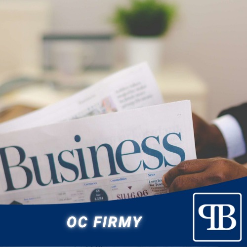 Mężczyzna w garniturze czyta gazetę z nagłówkiem 'Business', w tle roślina doniczkowa, w dolnej części logo i napis 'OC Firmy'.
