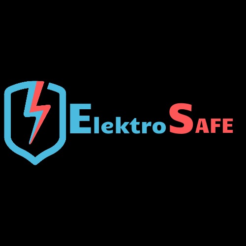 Logo firmy ElektroSafe: stylizowany niebieski piorun w tarczy, nazwa firmy w kolorach niebieskim i czerwonym na czarnym tle.