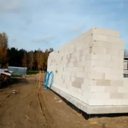 Wznoszone ściany parteru z białych bloczków na fundamencie z hydroizolacją, widoczne niebieskie rury, drabina i teren budowy.