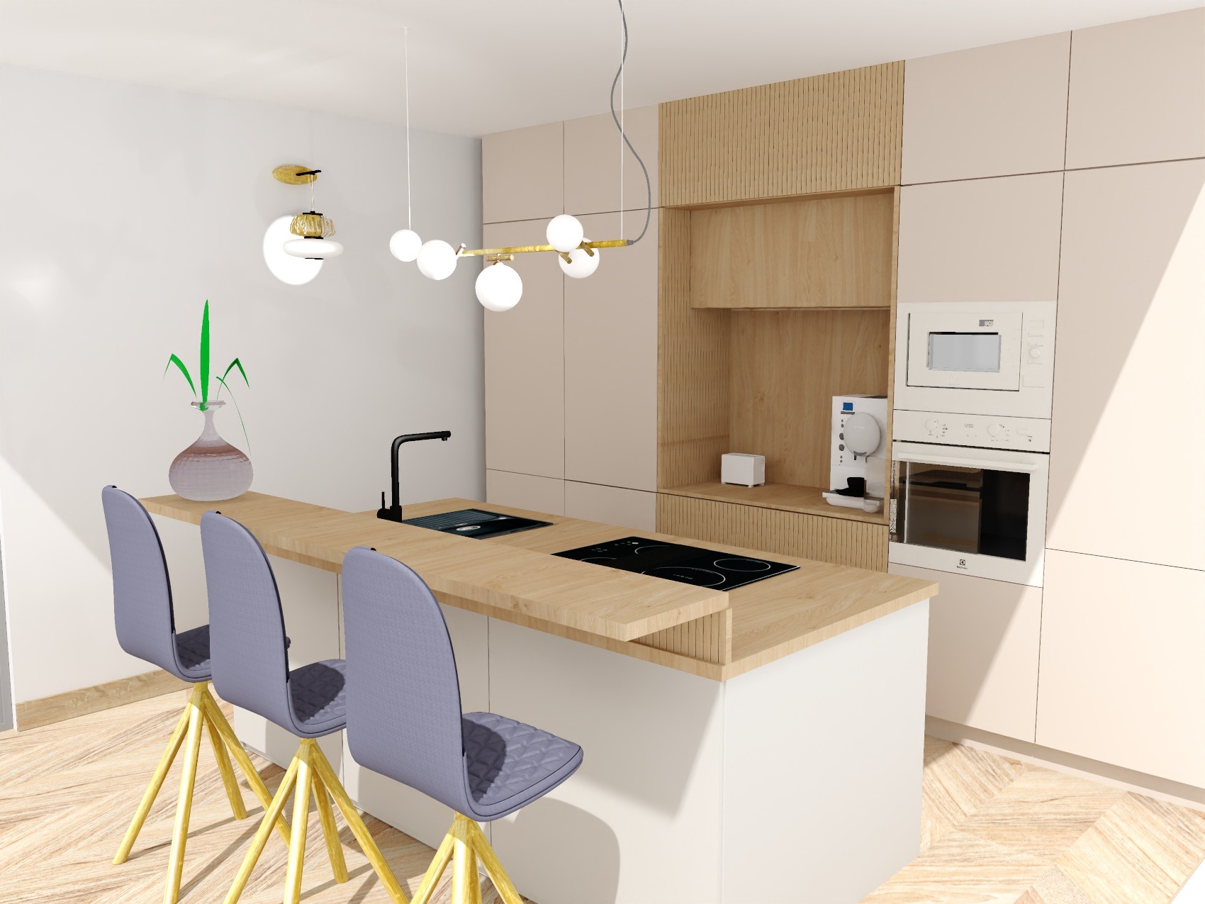 Wizualizacja nowoczesnej kuchni z wyspą, jasnymi frontami, drewnianymi akcentami, czarną armaturą i designerskimi krzesłami barowymi na złotych nogach.