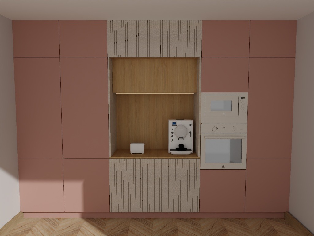 Wizualizacja kuchni z zabudową w odcieniach pudrowego różu, z wbudowanym piekarnikiem i mikrofalówką oraz półką z ekspresem do kawy i tosterem.