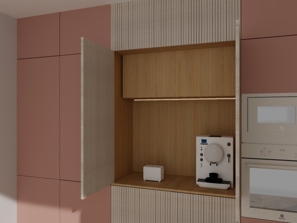 Wnęka w zabudowie kuchennej z drewnianym wykończeniem, oświetleniem LED, z ekspresem do kawy i tosterem na półce, obok zabudowa z piekarnikiem i szafkami w kolorze pudrowego różu.