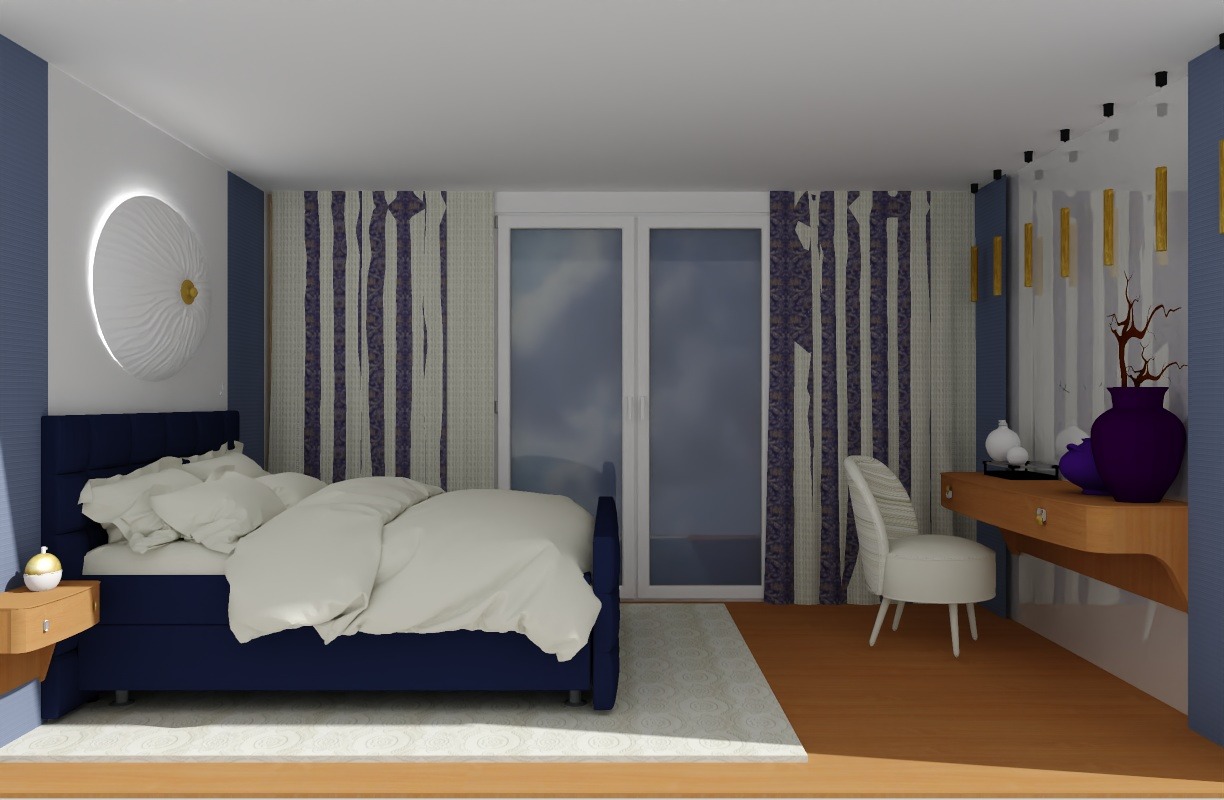 Wizualizacja sypialni z łóżkiem w odcieniach granatu i białymi tekstyliami, okrągłą lampą ścienną i wzorzystymi zasłonami w tonacji fioletowo-szarej.