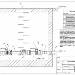Schemat uzbrojenia studni wodomierzowej z zestawieniem materiałów, widok w przekroju, z detalami przyłączy, zaworów i wodomierza.