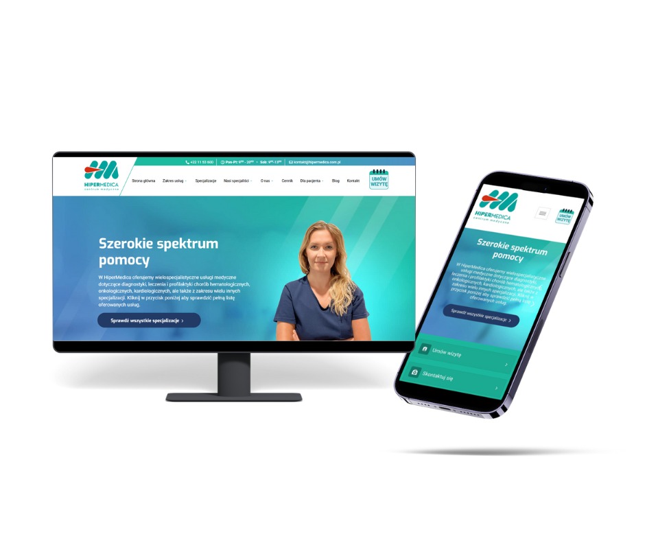 Prezentacja responsywnej strony internetowej centrum medycznego Hipermedica na monitorze i smartfonie, ukazująca szerokie spektrum usług medycznych.