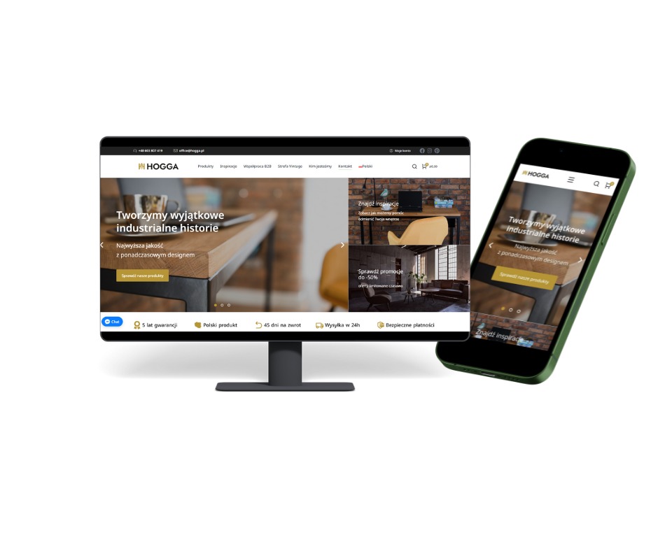 Ekran komputera i smartfon wyświetlające stronę internetową firmy Hogga z meblami w stylu industrialnym, widok z przodu, na białym tle.