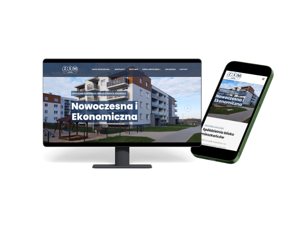Prezentacja responsywnej strony internetowej Zakładowej Spółdzielni Mieszkaniowej na monitorze i smartfonie, ukazująca nowoczesny budynek mieszkalny i tereny zielone.