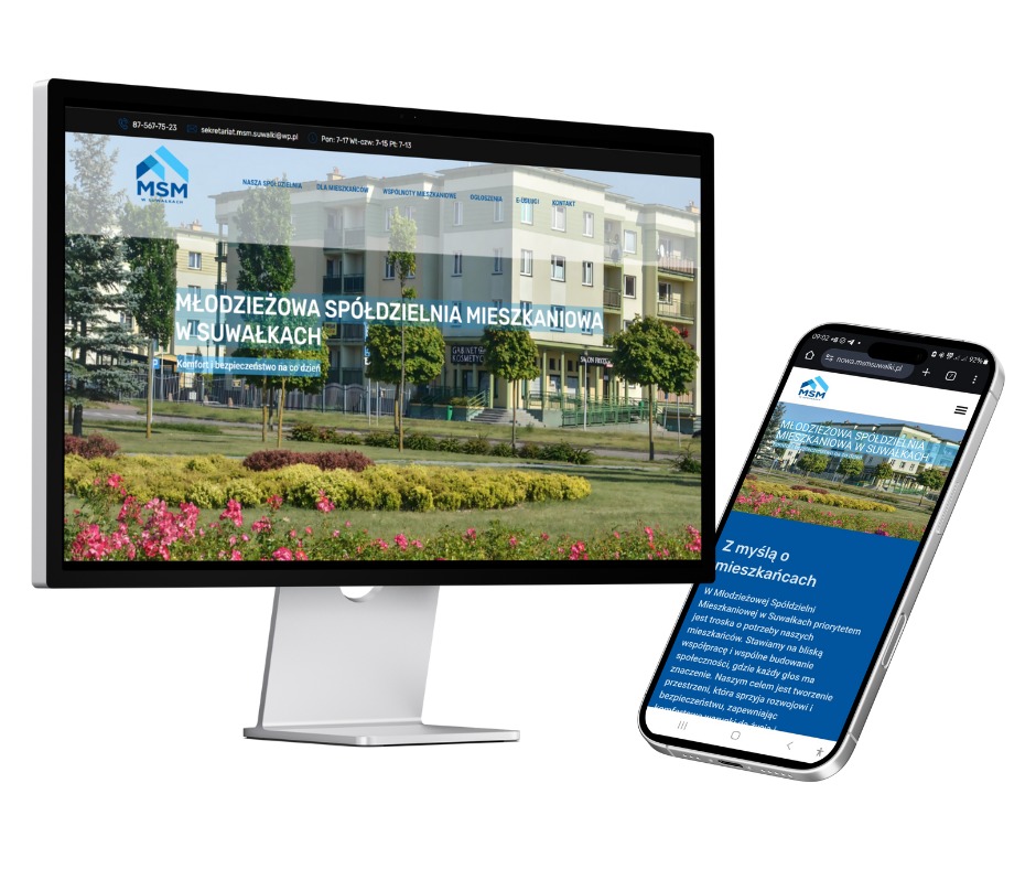 Prezentacja strony internetowej Młodzieżowej Spółdzielni Mieszkaniowej w Suwałkach na monitorze i smartfonie, ukazująca budynek spółdzielni i hasło 'Komfort i bezpieczeństwo na co dzień'.