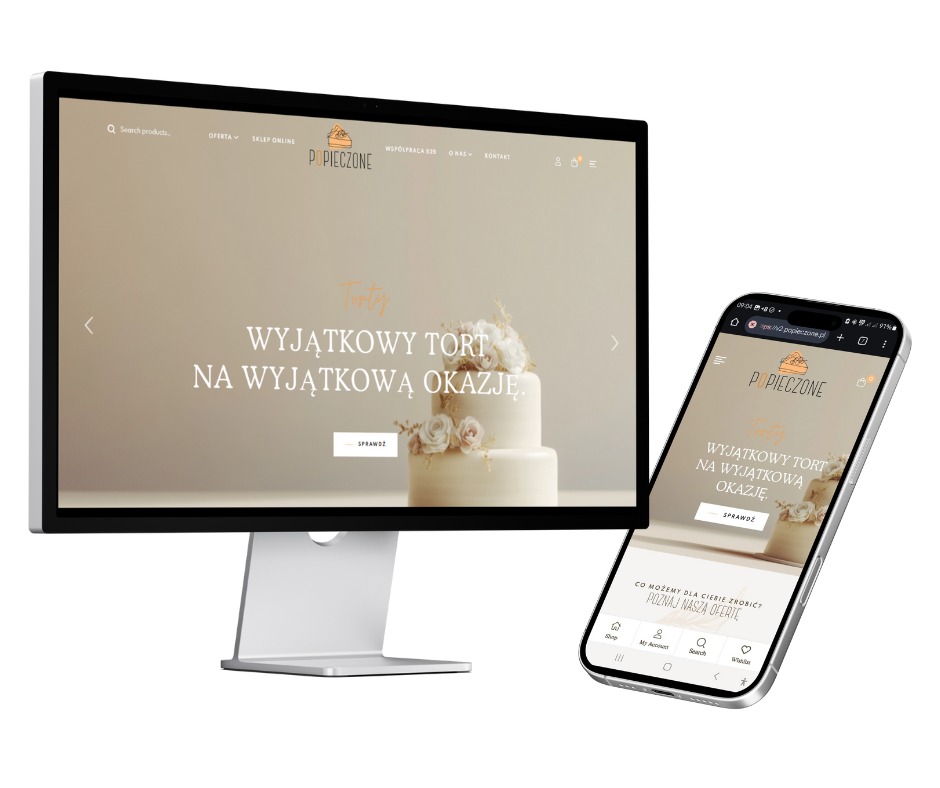 Responsywna strona internetowa firmy z Wejherowa na monitorze i smartfonie, prezentująca ofertę tortów na wyjątkowe okazje. Widoczny minimalistyczny design z elegancką typografią.