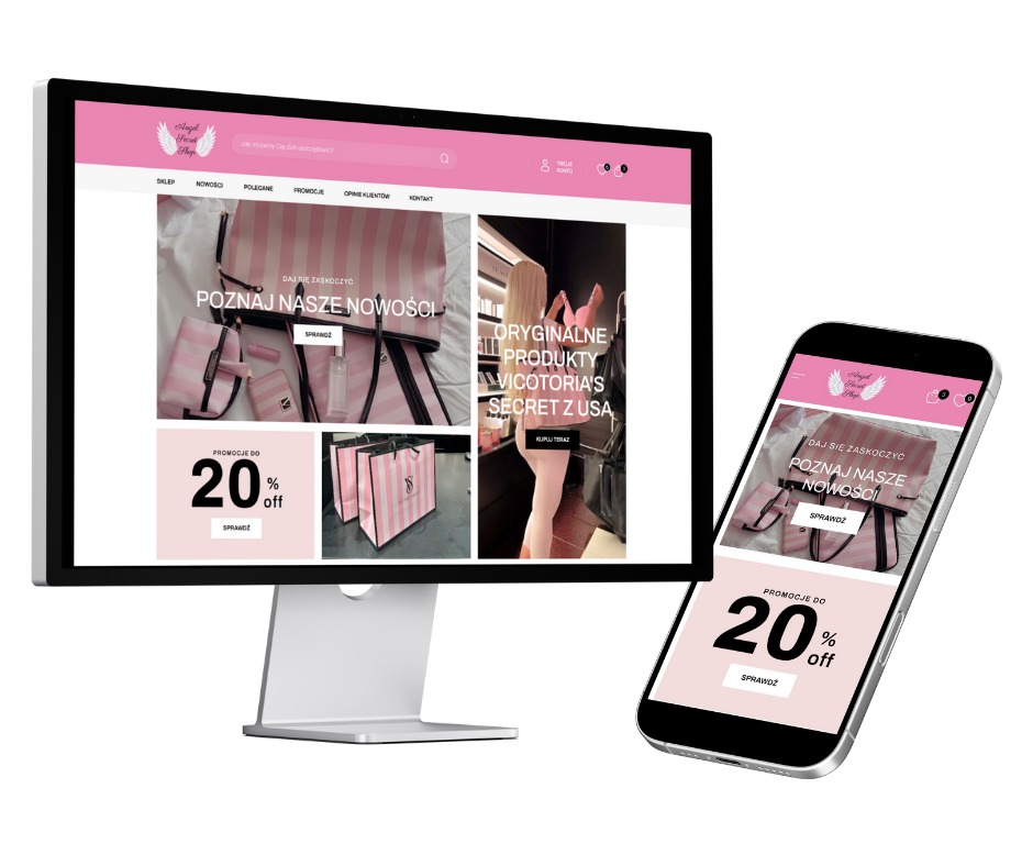 Responsywna strona internetowa sklepu z torebkami i akcesoriami na monitorze i smartfonie, prezentująca promocję 20% off.