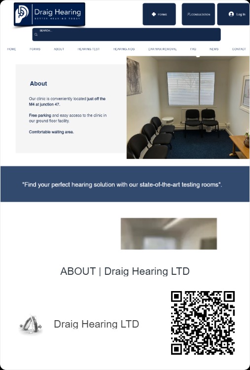 Zrzut ekranu strony internetowej Draig Hearing LTD z widokiem poczekalni z rzędem krzeseł i oknem z żaluzjami.