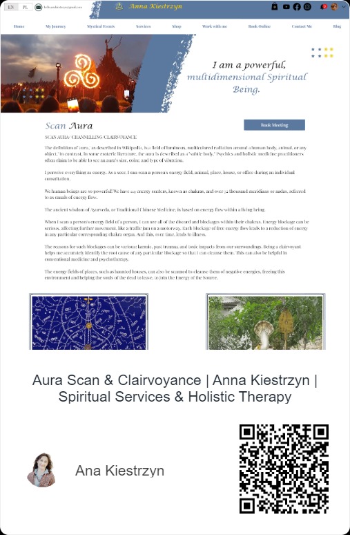Strona internetowa Anny Kiestrzyn, oferującej skan aury i jasnowidzenie, z motywem ogniska i symbolu spirali, oraz tekstem 'Jestem potężną, wielowymiarową duchową istotą'.