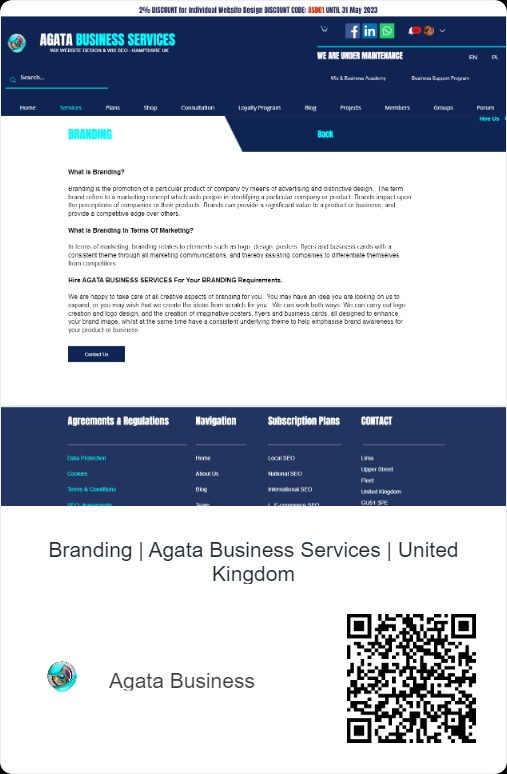 Strona internetowa firmy Agata Business Services z Wielkiej Brytanii, prezentująca ofertę brandingową, w tym logo design i materiały marketingowe, z widocznymi elementami nawigacji i informacjami...